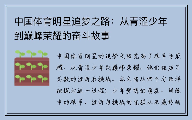 中国体育明星追梦之路：从青涩少年到巅峰荣耀的奋斗故事